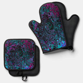 Set De Manoplas Retro Aqua Magenta y Black Abstract Swirl