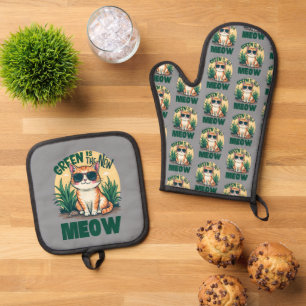 Set De Manoplas Retro "El Verde Es El Nuevo Meow" Arte De Naturale