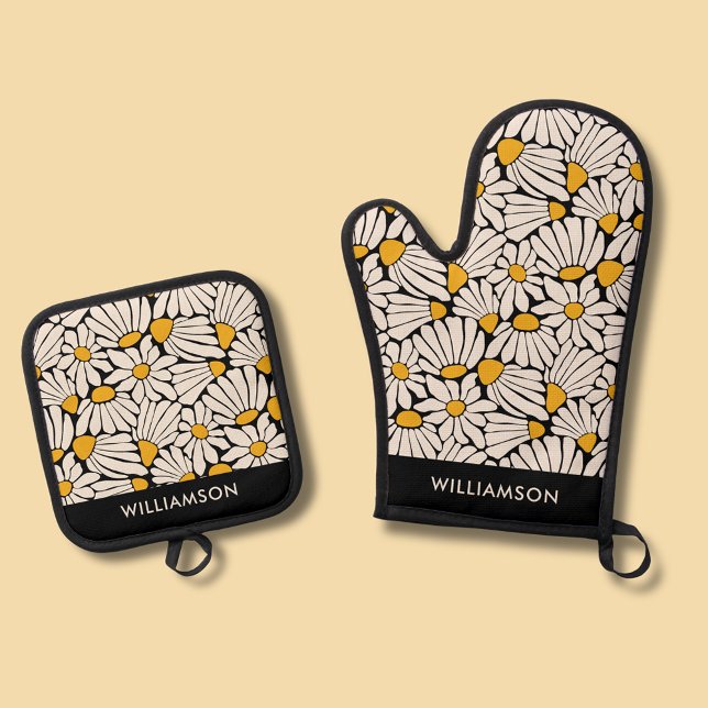Set De Manoplas Retro floral inspirado en matismos modernos (Retro floral daisy dream personalized oven glove mitt and pot holder.)