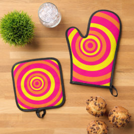 Set De Manoplas Retro Potholders Naranja rosa Círculos Amarillos