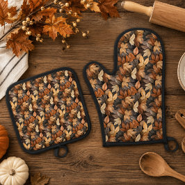 Set De Manoplas Rico Marrón Beige Hojas de Otoño Granja Rústica