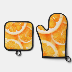 Set De Manoplas Rodajas de naranja jugosa en acuarela
