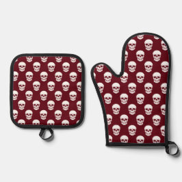 Set De Manoplas Rojo Burgundy Skull Head Pattern Halloween moderno