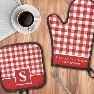 Set De Manoplas Rojo Y Blanco Gingham Plaid Checkered Monogramado