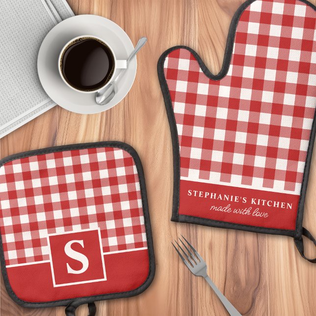 Set De Manoplas Rojo Y Blanco Gingham Plaid Checkered Monogramado (Subido por el creador)