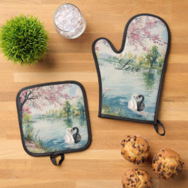 Set De Manoplas Romantic Swans Lake Love