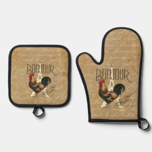 Set De Manoplas Rooster Bonjour Paris Vintage Ephemera