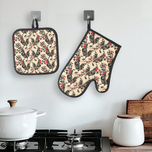 Set De Manoplas Rooster Vintage Chicken Pattern Ageo