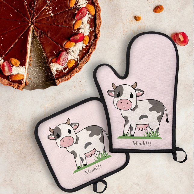 Set De Manoplas Rosa de vaca suave (Cute Cow Pink Oven Mitt & Pot Holder Set)