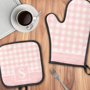 Set De Manoplas Rosa Pastel Cuadros Cuadros a Cuadros Monogramado