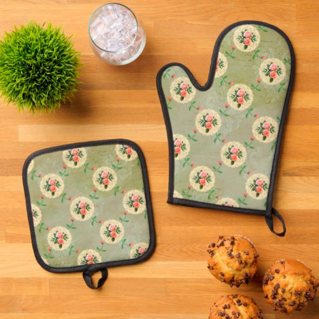 Set De Manoplas Rosas de la época Doilis Damasco Verde Humeante (Oven mitt and pot holder make a charming hostess or shower gift.)