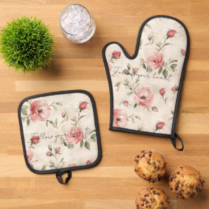 Set De Manoplas Rosas Florales Rosadas Crema