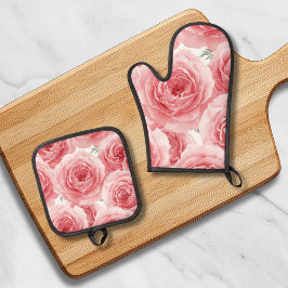 Set De Manoplas Rosas Rosadas Acuarela Floral Patrón de Pétalos Ro