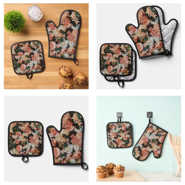 Set De Manoplas Rosas Rosadas Hermosas en Flor (Beautiful Pink Roses Flowering Oven Mitt & Pot Holder Set
)