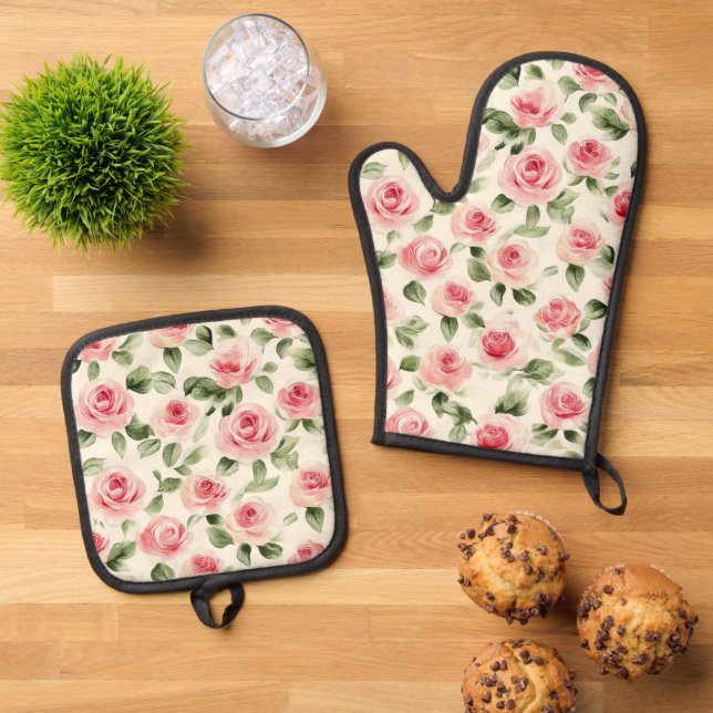 Set De Manoplas Rosas Rosadas Lindas Floral (De arriba hacia abajo)