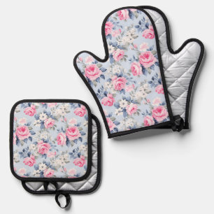 Set De Manoplas Rosas rosadas shabby chic patrón de flores blancas