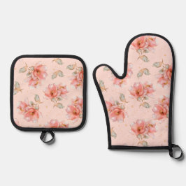 Set De Manoplas Rosas rosadas y hojas
