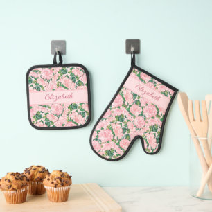 Set De Manoplas Roses rosados monogramados y florales de Monstera