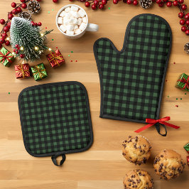 Set De Manoplas Rustic Christmas Green & Black Buffalo Plaid