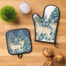 Set De Manoplas Rustic Christmas Snowy Forest Deer Decor For Home