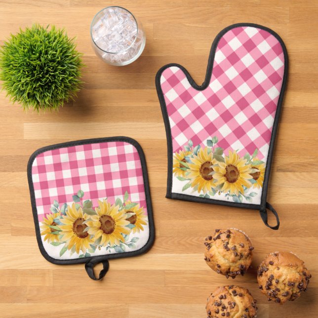 Set De Manoplas Rustic Farmhouse Sunflowers Pink Gingham (De arriba hacia abajo)