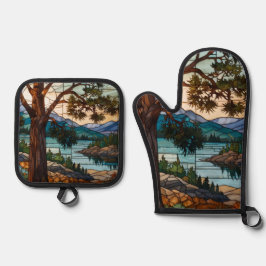 Set De Manoplas Rustic mountain range landscape stain glass
