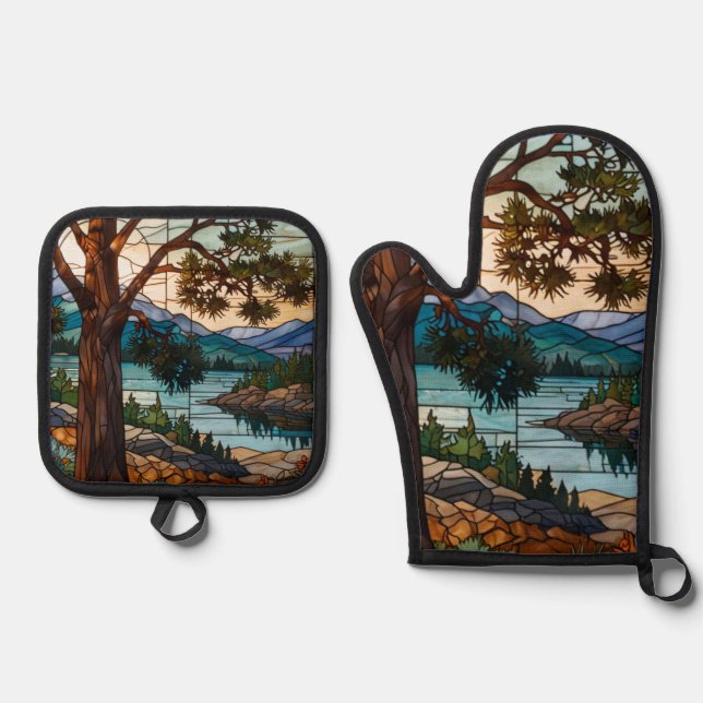 Set De Manoplas Rustic mountain range landscape stain glass  (Anverso)