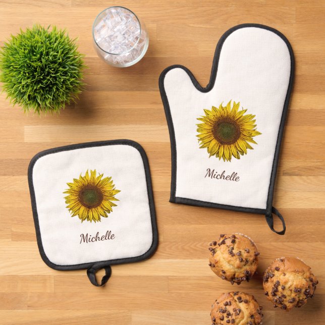 Set De Manoplas Rustic Sunflower Boho Botanical Personalized (De arriba hacia abajo)