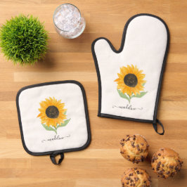 Set De Manoplas Rustic Sunflower Personalized Name Script