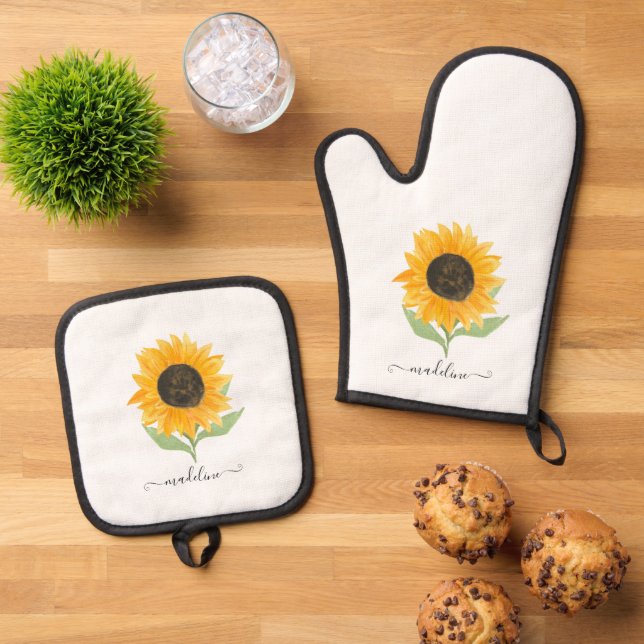 Set De Manoplas Rustic Sunflower Personalized Name Script (De arriba hacia abajo)