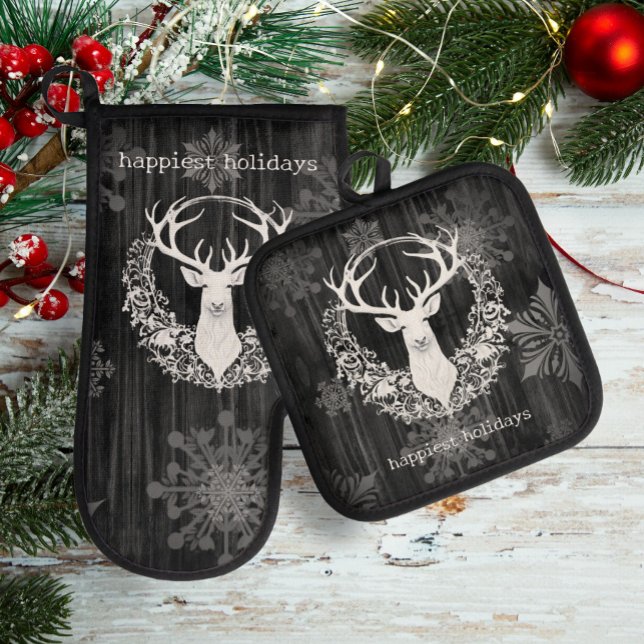 Set De Manoplas Rústica acuarela de reno blanco (Gray Rustic Watercolor White Reindeer Oven Mitt Pot Holder Set)