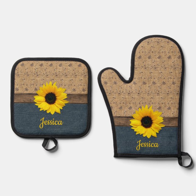 Set De Manoplas Rutico País Simulado Burlap Denim Sunflower (Anverso)
