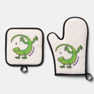 Set De Manoplas Saludos felices de gecko verde lindo con personali