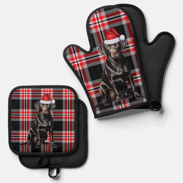 Set De Manoplas Santa Dog Black Labrador Holiday Plaid Christmas (Anverso/Reverso)