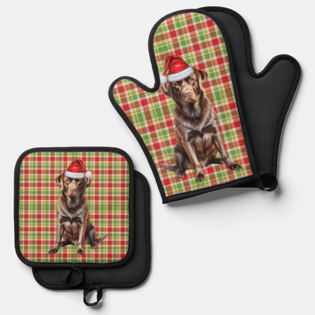 Set De Manoplas Santa Dog Chocolate Lab Holiday Plaid Christmas (Anverso/Reverso)
