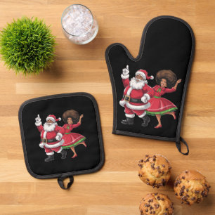 Set De Manoplas Santa Señora Claus bailando Navidades estadouniden