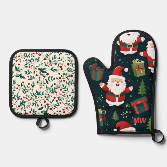 Set De Manoplas Santa y acebo navideños lindos (Anverso)
