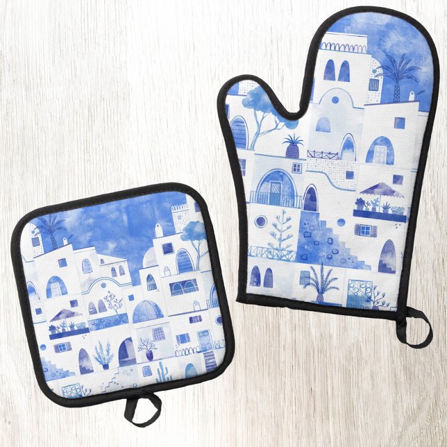 Set De Manoplas Santorini Oia Grecia Acuarela Azul y Blanco (Santorini Oia Greece modern blue and white watercolor art kitchen oven glove or mitt and pot holder)