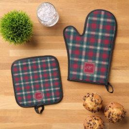Set De Manoplas Scott Rojo Verde Moderno Tartán Escocés Monogramad