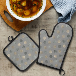 Set De Manoplas Sencillos puntos de Polka Gris y Plata Modernos y 
