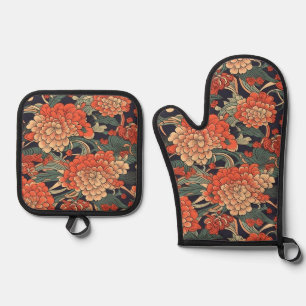 Set De Manoplas Serie floral japonesa roja