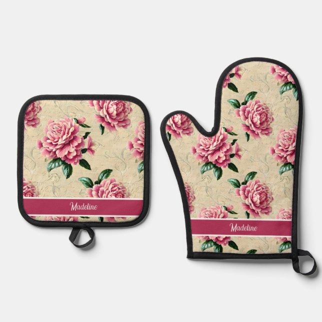 Set De Manoplas Shabby Chic Pink Gardenias (Anverso)