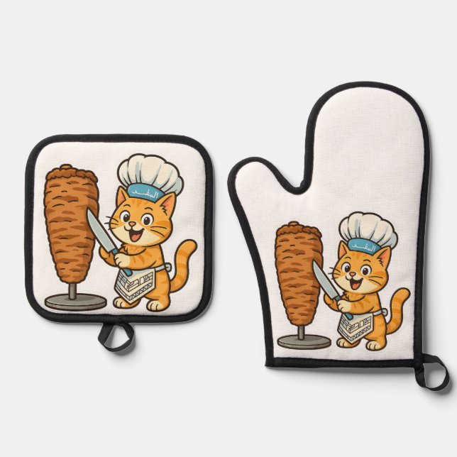 Set De Manoplas Shawarma Cat Chef Pegatina (Anverso)