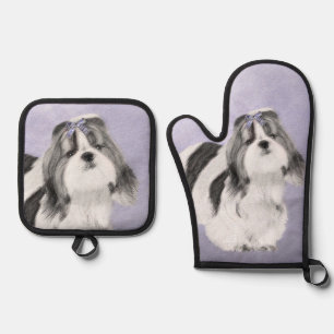 Set De Manoplas Shih Tzu Pintando Arte Perro Original Blanco y Neg
