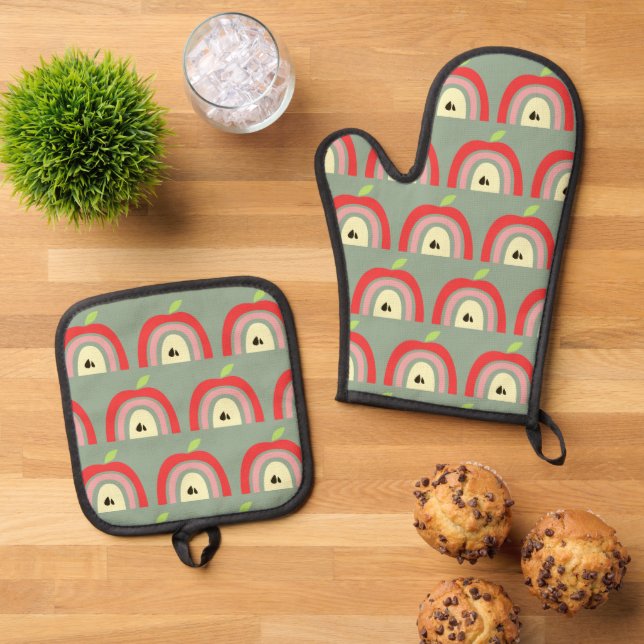 Set De Manoplas Simple Apple Rainbow Fruth Pattern Sage Green (De arriba hacia abajo)