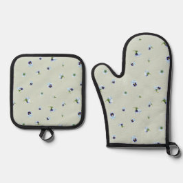 Set De Manoplas Soft Sage Japanese Blue Pansy Floral Pattern