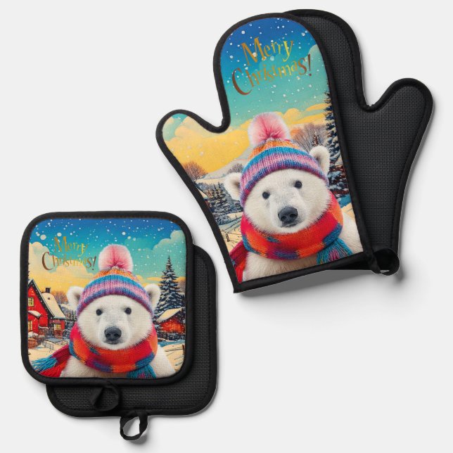 Set De Manoplas Sombrero de oso polar y bufanda Feliz Navidad (Anverso/Reverso)