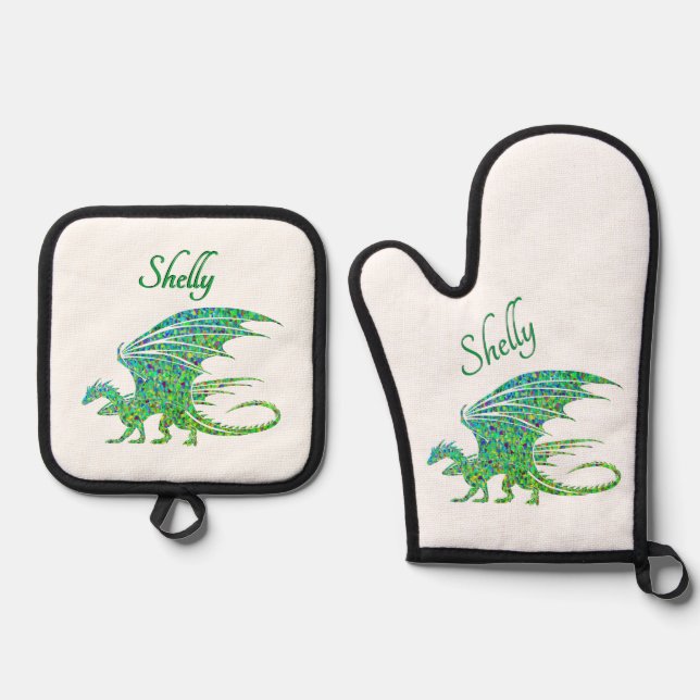 Set De Manoplas Sorprendente Dragón Verde Mosaico Personal (Anverso)