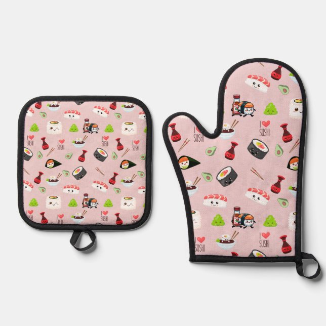 Set De Manoplas Soy enamorado lindo rosa claro Kawaii Sushi (Anverso)