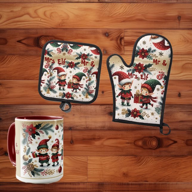 Set De Manoplas Sr. y Sra. Elf Navidades Poinsettia Green Botanica (Mr & Mrs Elf Christmas Poinsettia Green Botanicals Oven Mitt & Pot Holder Set)